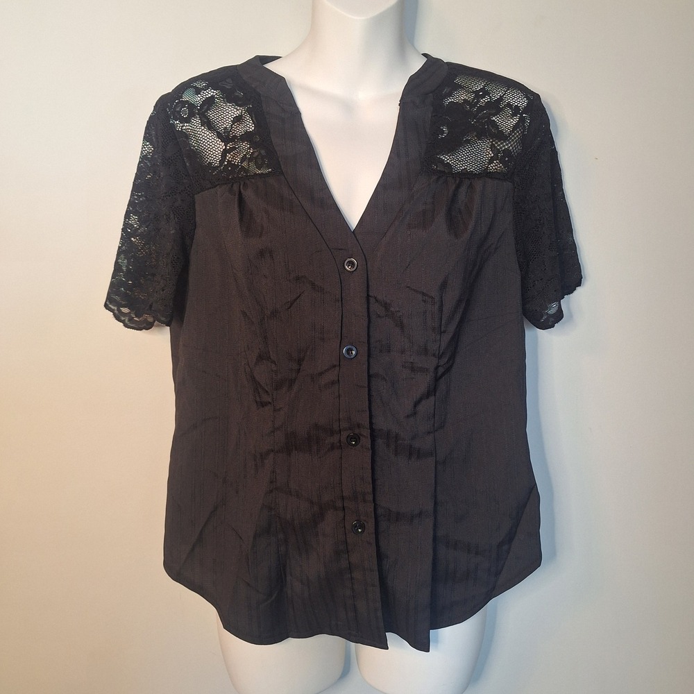 SHEIN Black Lace Shoulder Button Up Blouse Short Sleeve V-Neck Top Size Medium